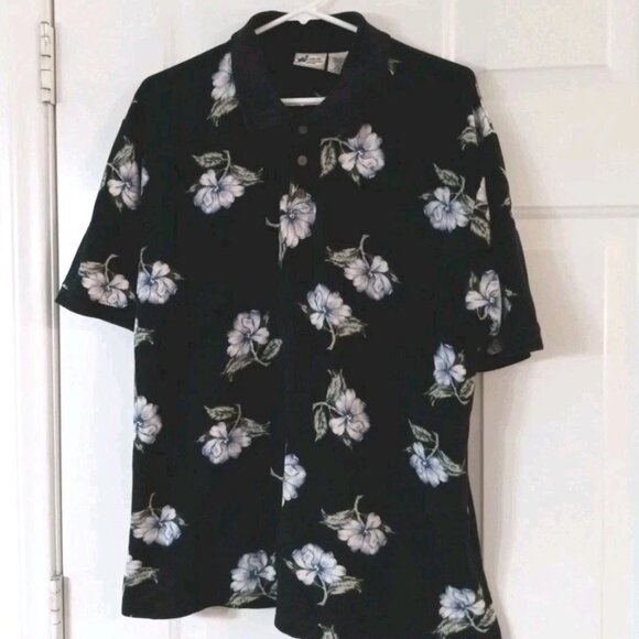 Cherokee Waikiki Wear Polo Shirt Men's Large Hawaiian Black Floral Short Sleeve - Picture 1 of 5